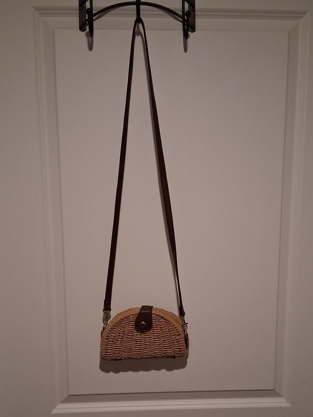 White House Black Market Woven Straw Crossbody Bag with Brown Strap